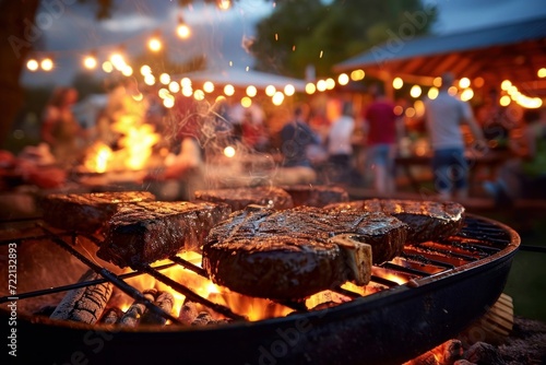 Barbecue party with people in the background, grilled steak, grilled meat, fire, summer party, barbecue in the garden,  people having fun, family and friends, bbq, evening and night, Generative AI