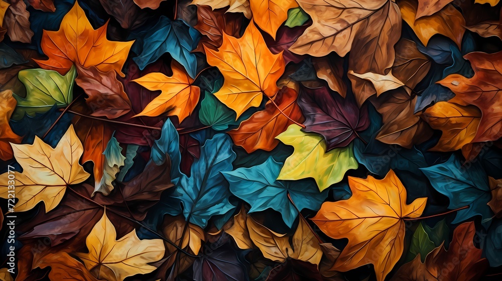 Vibrant autumn leaves forming abstract patterns on a forest floor