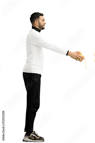 A man, full-length, on a white background, with a gift © Katsiaryna