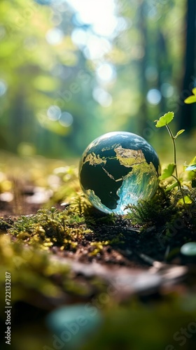 Earth globe in nature, wild life, ecology, tiny planet, forest, moss, earth ball on the ground, dirt, protecting the earth, plant a tree, back to nature, CSR, human impact on nature, Generative AI