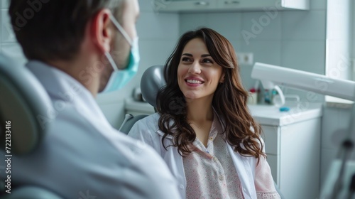 a happy woman at the dentist, with a focus on the positive atmosphere and the dentist's expertise in providing dental care