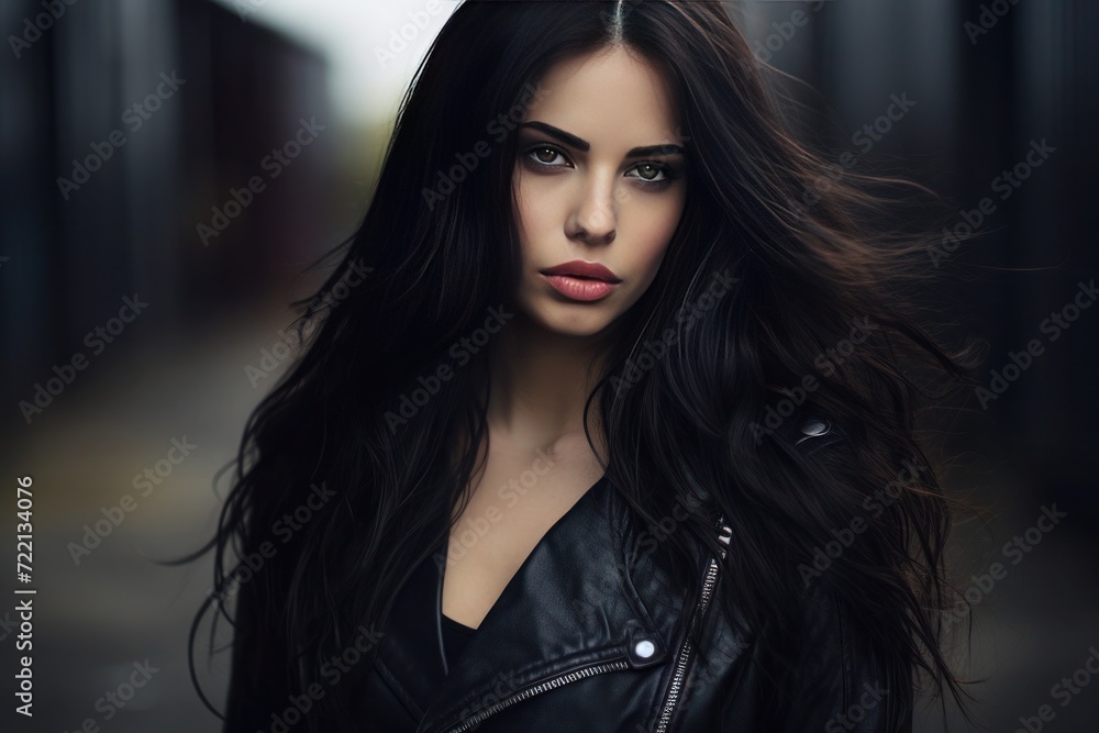 Portrait of young brunette woman with long hair in a black leather jacket Portrait of young brunette woman with long hair in a black leather jacket