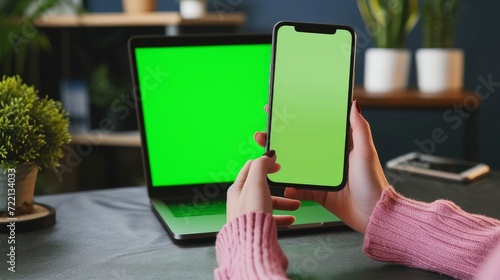 Close up woman using smartphone green screen on the table with laptop computer Chromakey. Close up shot of woman's hands holding mobile phone swiping scrolling green screen..    photo