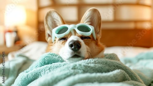 Funny corgi photograpy cute spa Day laying bed relax beauty mask , generated with AI photo