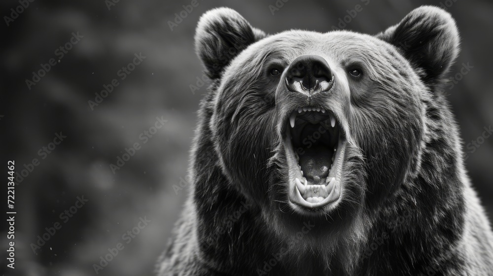 Fototapeta premium Angry bear portrait and forest, black and white photography, generated with AI