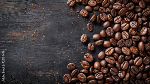 Banner of coffee beans. On a black wooden background, generated with AI photo