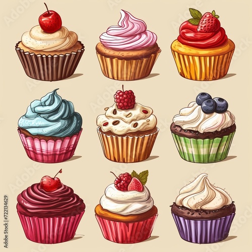 9 Cupcakes illustration on white background, generated with AI