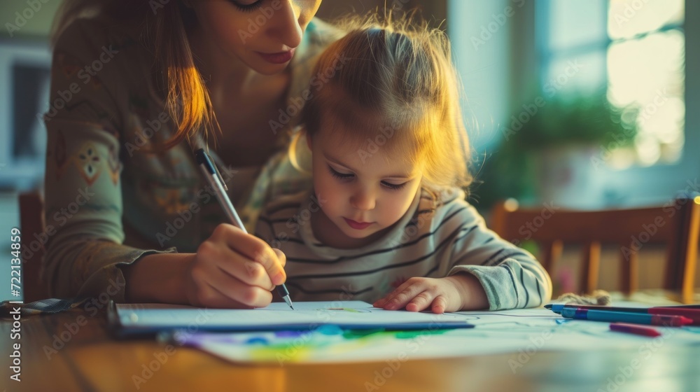 mother and child painting, drawing lesson at home mother and child painting, drawing lesson at home