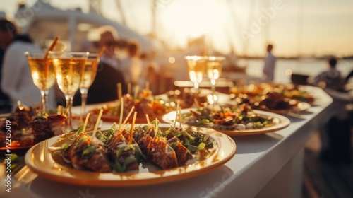 a charming taverna with tables set outside near the seashore, surrounded by boats against the backdrop of a beautiful sunset