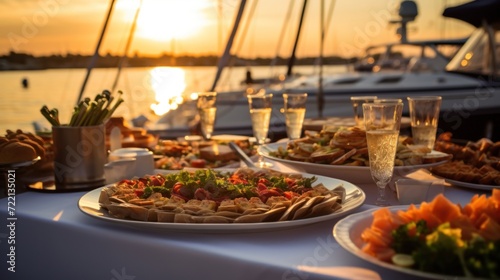 a Greek taverna food setting with a variety of dishes served outside, creating an atmosphere of a delightful evening feast by the sea