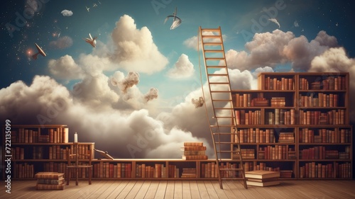 whimsical bookshelf cloudscape photo