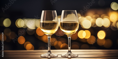 Two glasses of white wine on a wooden table against a background of blurry evening lights photo