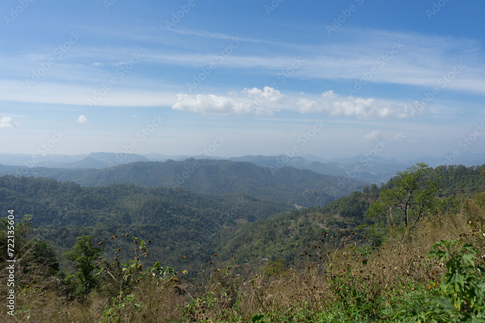 Expansive view of a mountain range under a clear blue sky