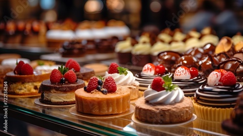 display case in a pastry shop is filled with cakes and pies, a bakery assortment with various fillings and decorations. Close-up of sweet desserts. Concept: production baked