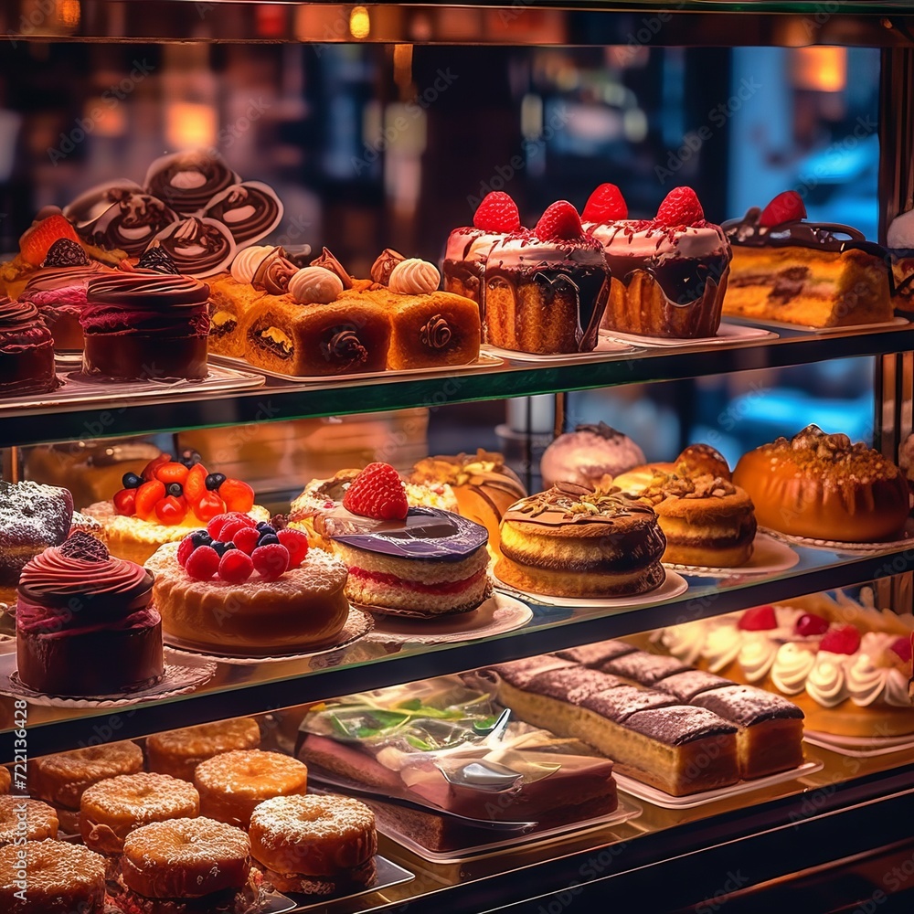 A glass display case in a pastry shop is filled with cakes and pies, a bakery assortment with various fillings and decorations. Close-up of sweet desserts. Concept: production baked