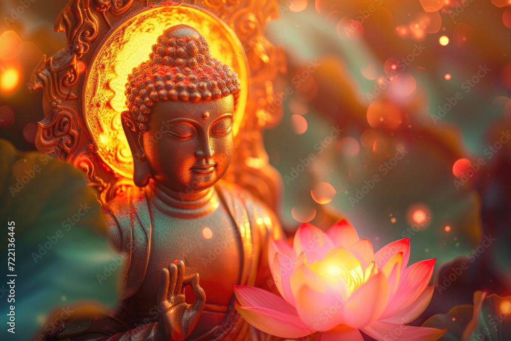 golden buddha with glowing colorful halo around head  and lotuses, in nature background