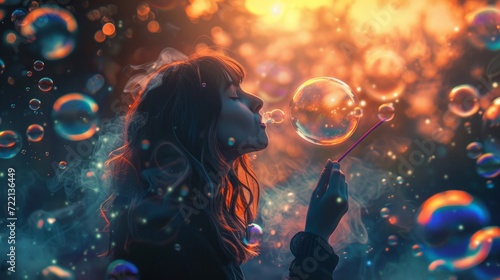 Girl blowing bubble with wand in park    photo