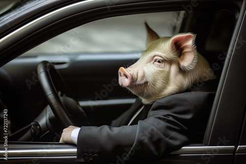Pig dressed as rich businessman in suit, driving a black elegant car while looking out of the driver's side open window