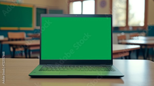 Laptop computer green blank empty mockup screen on school desk with elementary junior children students in classroom background. Education software website technology ads concept. 