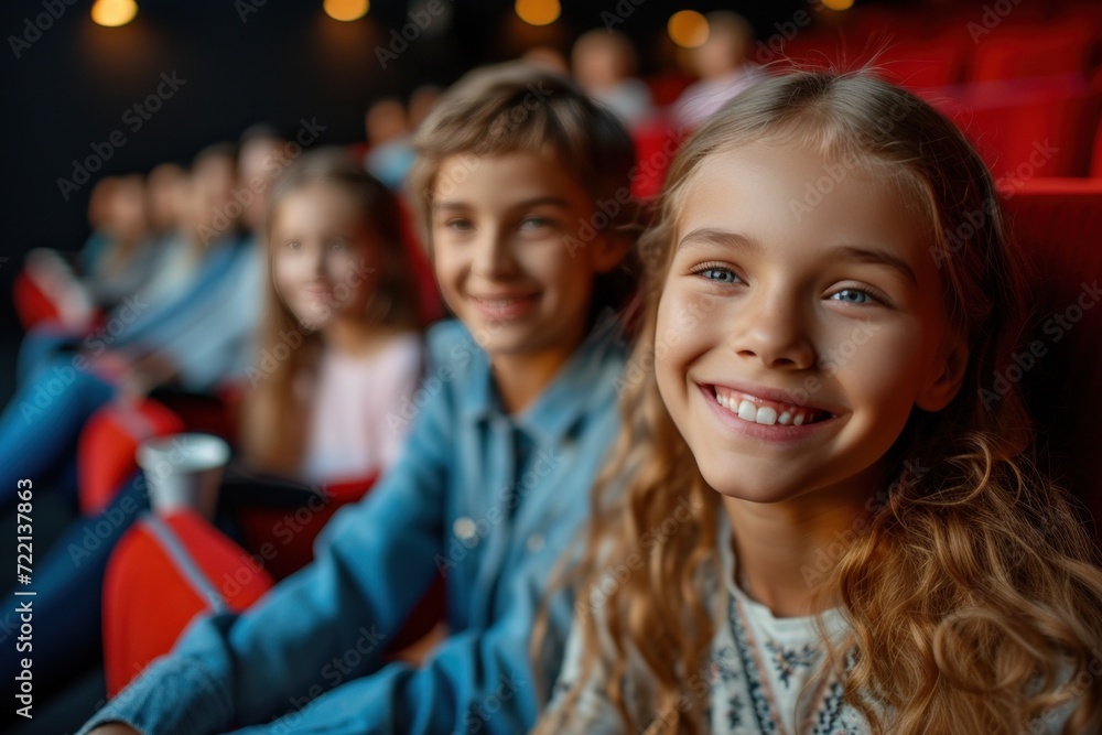 A young joyful couple is with their daughter in the cinema, watching an exciting movie. 