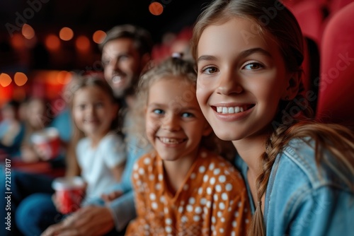 A young joyful couple is with their daughter in the cinema, watching an exciting movie. 