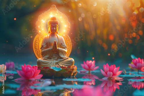 golden buddha with glowing colorful halo around head and lotuses, in nature background