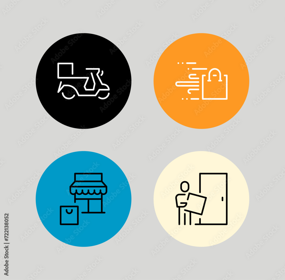 Set of four small round badges food and package delivery related icons, modern flat icons with thin line vector file. Set of four small round badges food and package delivery related icons, modern flat icons with thin line vector file.