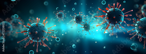 Close up banner of floating virus cells, bacteria, microbes on blurred background with copy space. Abstract 3d render visualization of covid, flu, infection disease. Сoncept for hospitals, clinics.