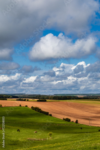 Beautiful hilly french countryside landscape, meadow, field, horizon and sky