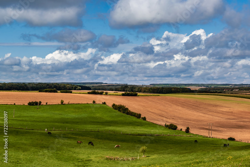 Beautiful hilly french countryside landscape, meadow, field, horizon and sky