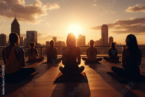 Group yoga class on the roof of a building in the sun. Generated by artificial intelligence