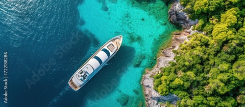 Aerial drone top down ultra wide photo of luxury yacht anchored in tropical exotic island bay with crystal clear turquoise sea © lublubachka