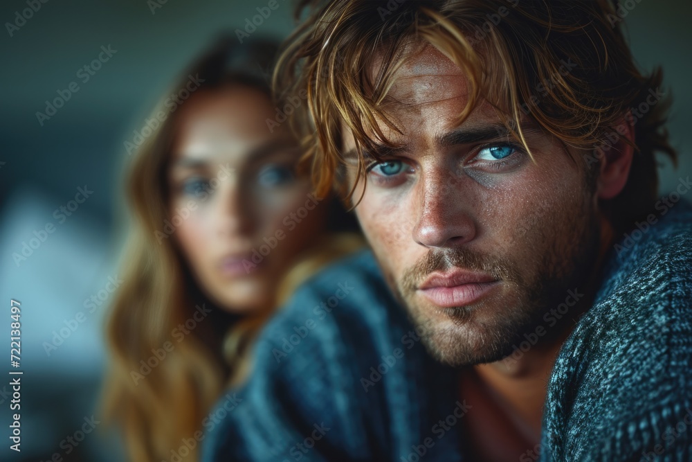 handsome model man, perfect skin, sadly sitting on the edge of the bed, looking down, in the background a woman is looking at him handsome model man, perfect skin, sadly sitting on the edge of the bed, looking down, in the background a woman is looking at him