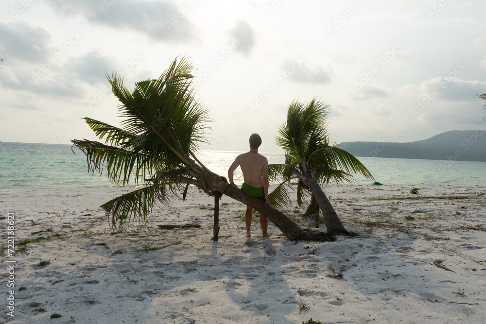A person standing beside palm trees on a tranquil beach at sunset