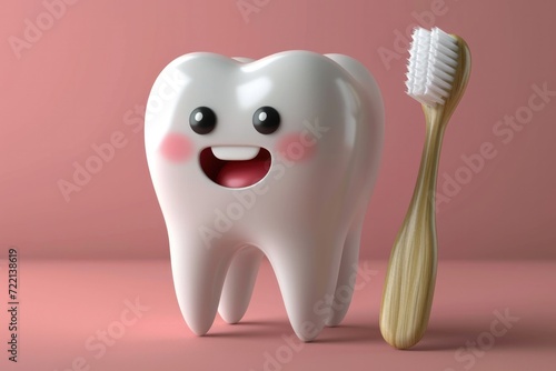 happy tooth with toothbrush background, 3d effect