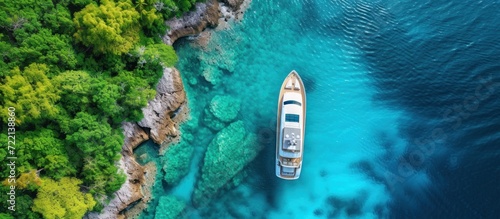Aerial drone top down ultra wide photo of luxury yacht anchored in tropical exotic island bay with crystal clear turquoise sea photo
