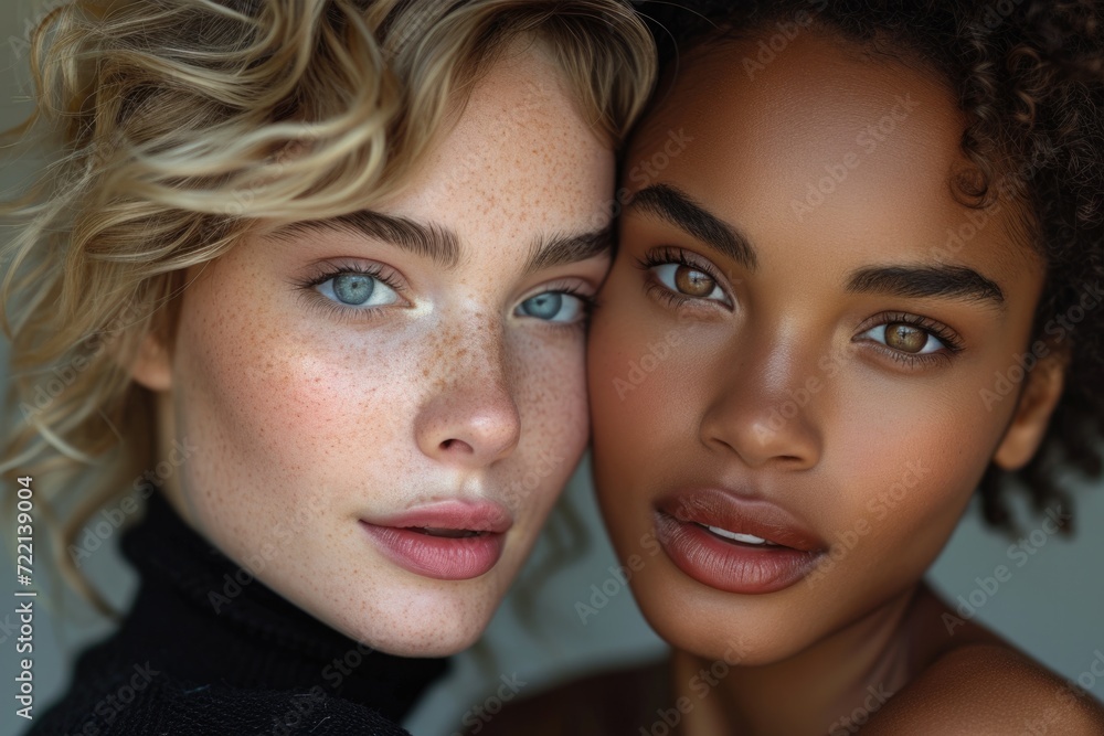 beautiful model with perfect white skin next to black beautiful model woman, short hair, studio shot background beautiful model with perfect white skin next to black beautiful model woman, short hair, studio shot background