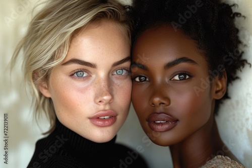 beautiful model with perfect white skin next to black beautiful model woman, short hair, studio shot background