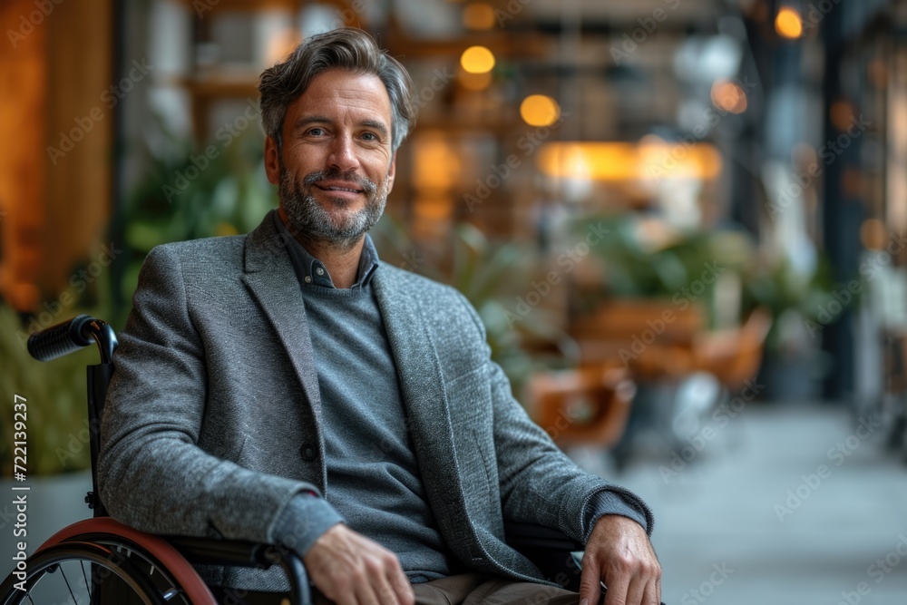 portrait disabled handsome smiling happy corporate man, perfect skin, in wheelchair in large boardroom, bokeh  - obrazy, fototapety, plakaty 