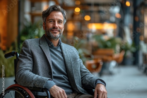 portrait disabled handsome smiling happy corporate man, perfect skin, in wheelchair in large boardroom, bokeh 