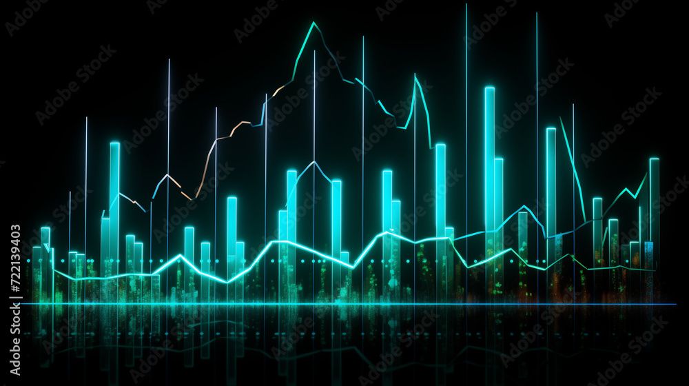 heart beat on monitor, Financial neon rising graph and chart with lines and numbers front view, Ai generated image