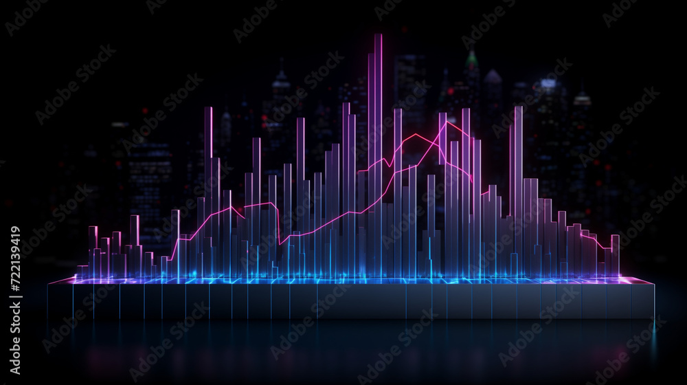 graph of pink and blue, Financial neon rising graph and chart with lines and numbers front view, Ai generated image