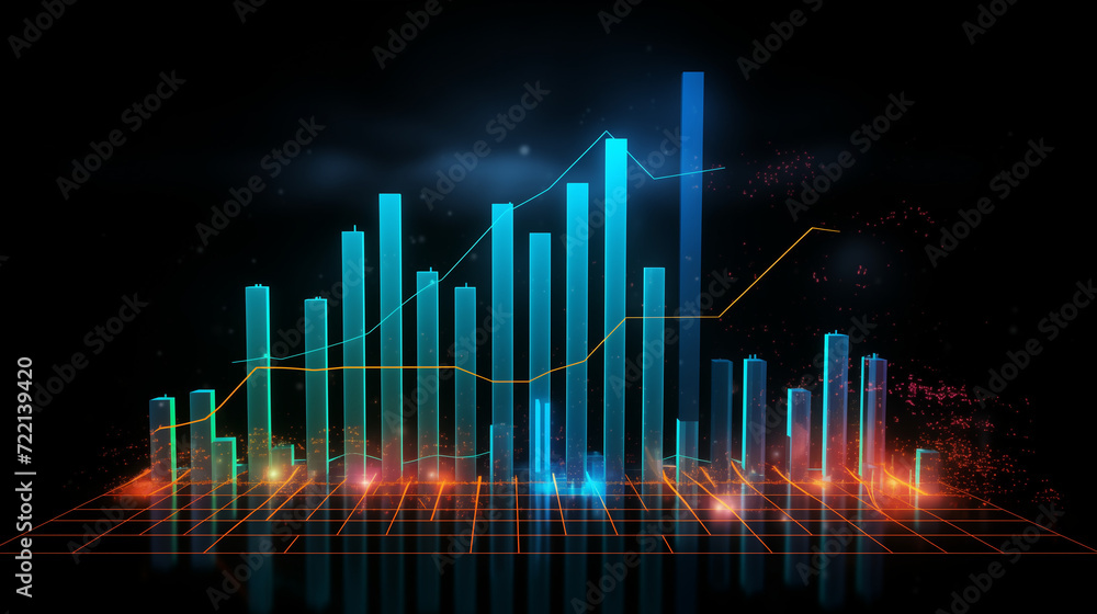 market graphs of blue and green, Financial neon rising graph and chart with lines and numbers front view, Ai generated image