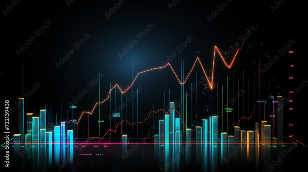 Financial neon rising graph and chart with lines and numbers front view, Ai generated image Financial neon rising graph and chart with lines and numbers front view, Ai generated image