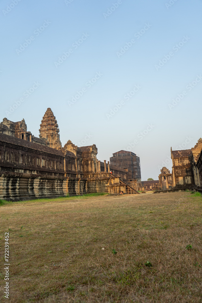 The majestic Angkor Wat temple during golden hour.