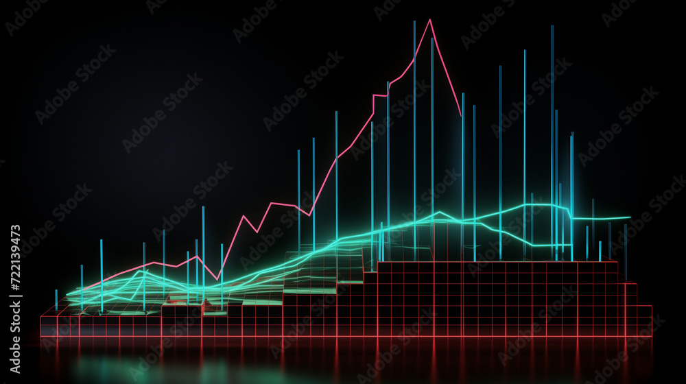 Naklejka premium market graph on black, abstract background with lines, Financial neon rising graph and chart with lines and numbers front view, Ai generated image