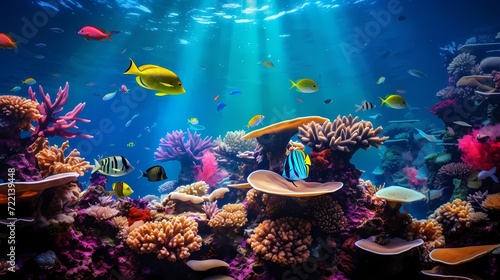Vibrant underwater coral reef scene with colorful fish swimming among the corals © CREATER CENTER