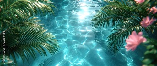 shadow of palm leaves in the water, in the style of light white and light azure