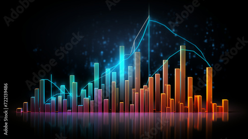 glowing market graph and charts, abstract background with lines, Financial neon rising graph and chart with lines and numbers front view, Ai generated image