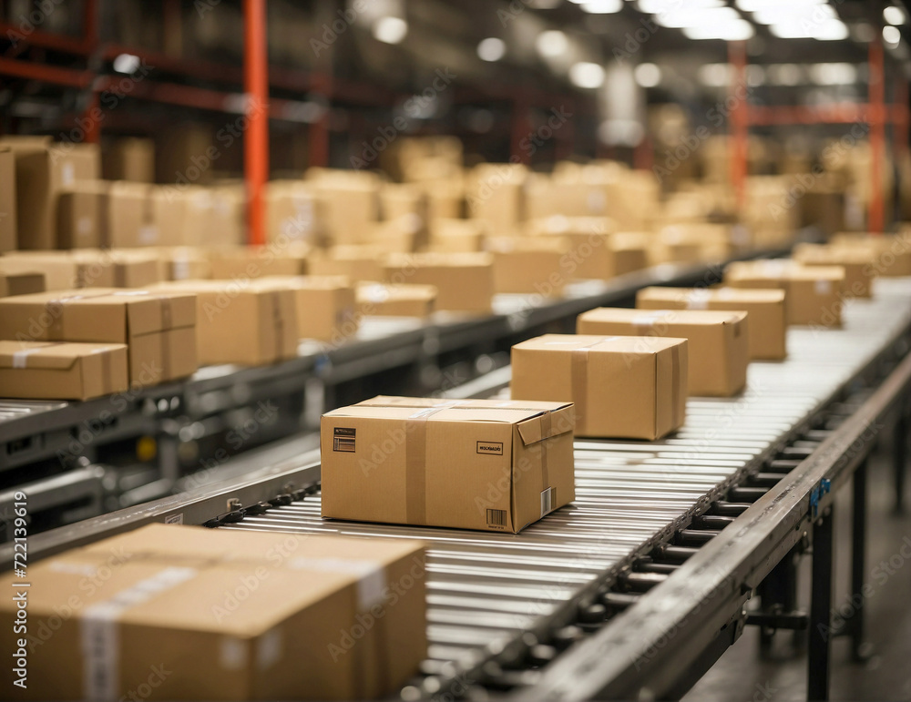 Fototapeta premium Boxes on the conveyor in a warehouse